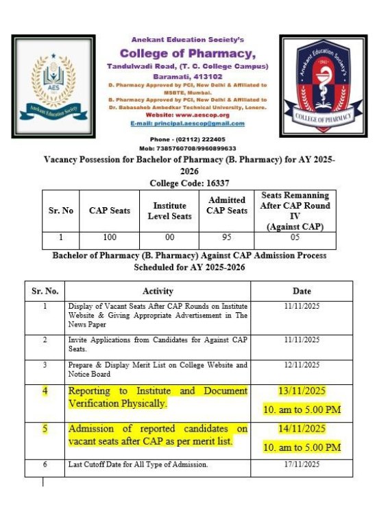 ACAP Admission Schedulde B.Pharmacy